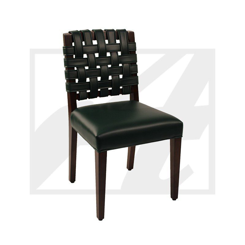 Elegant black woven back dining chair with wooden legs.