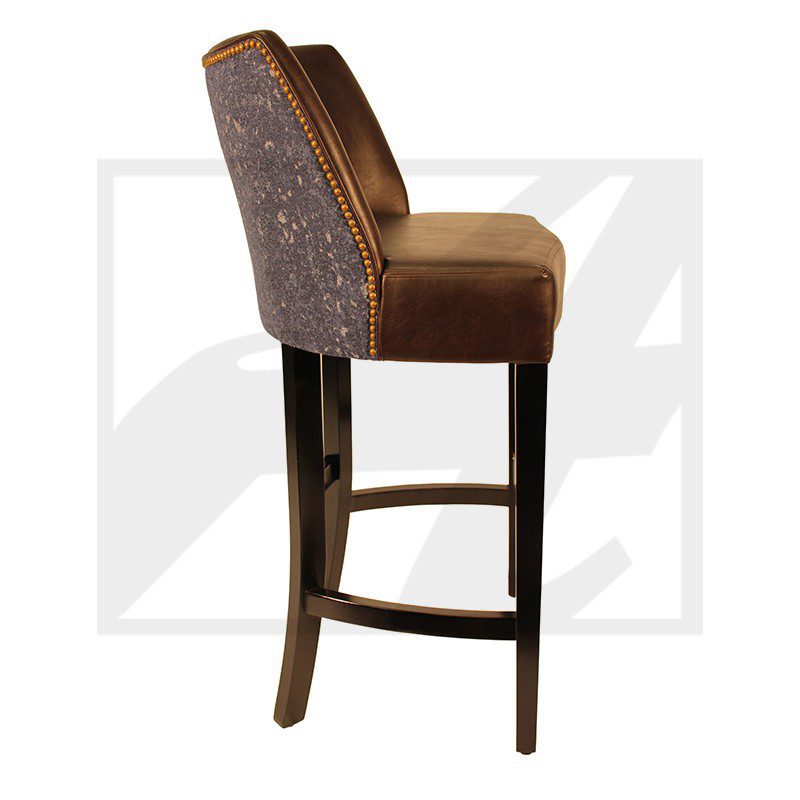 Elegant bar stool with cushioned seat and patterned backrest.