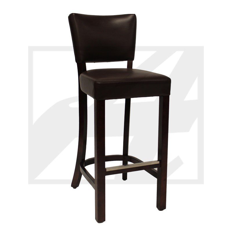 Dark brown leather bar stool with a padded backrest and seat.