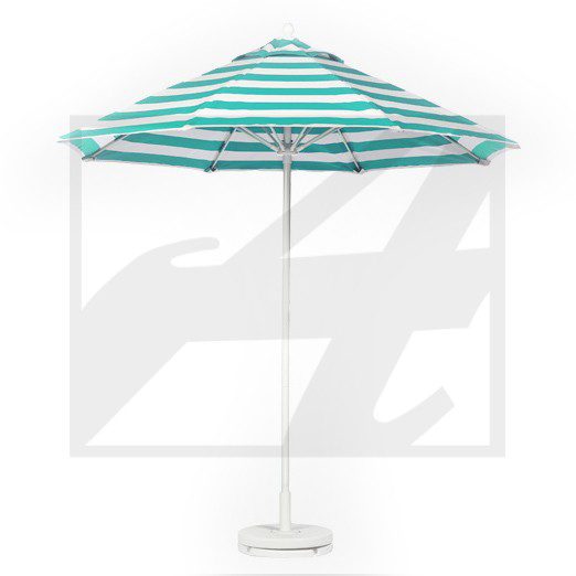 A striped teal and white beach umbrella with a white base.