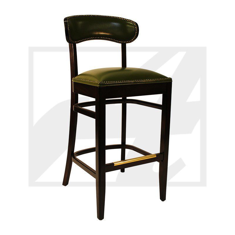 Elegant dark wood bar stool with black cushioned seat and backrest.