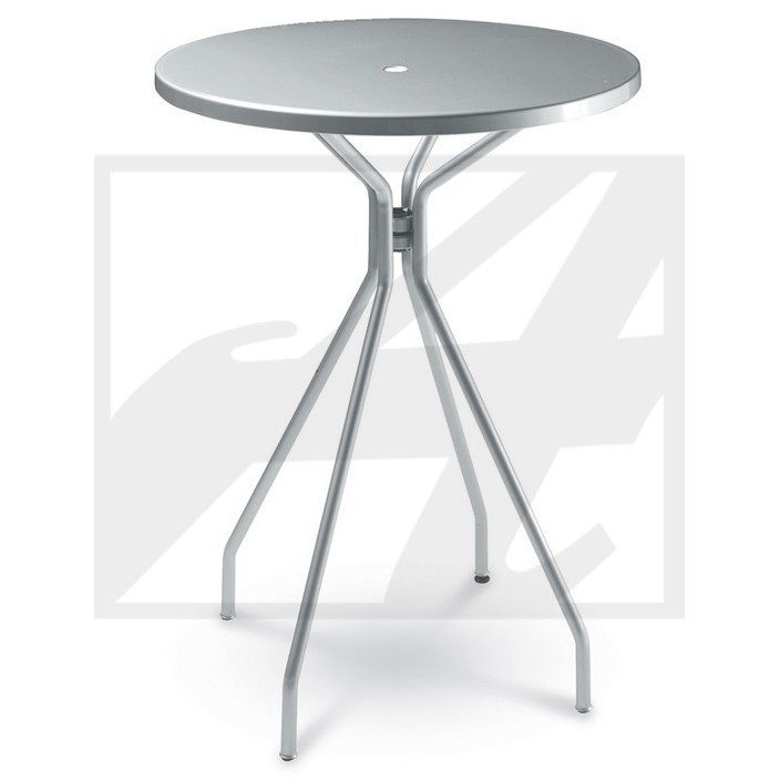 A modern round metal table with three legs and a hole in the center.