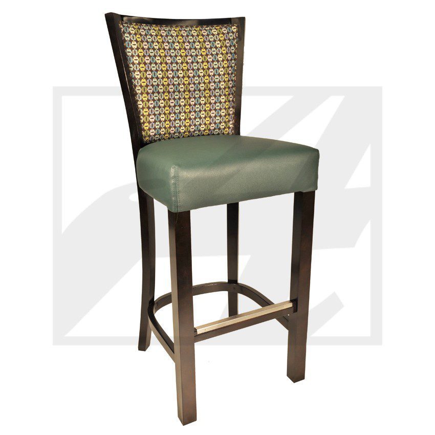 Wooden bar stool with green cushioned seat and patterned backrest.