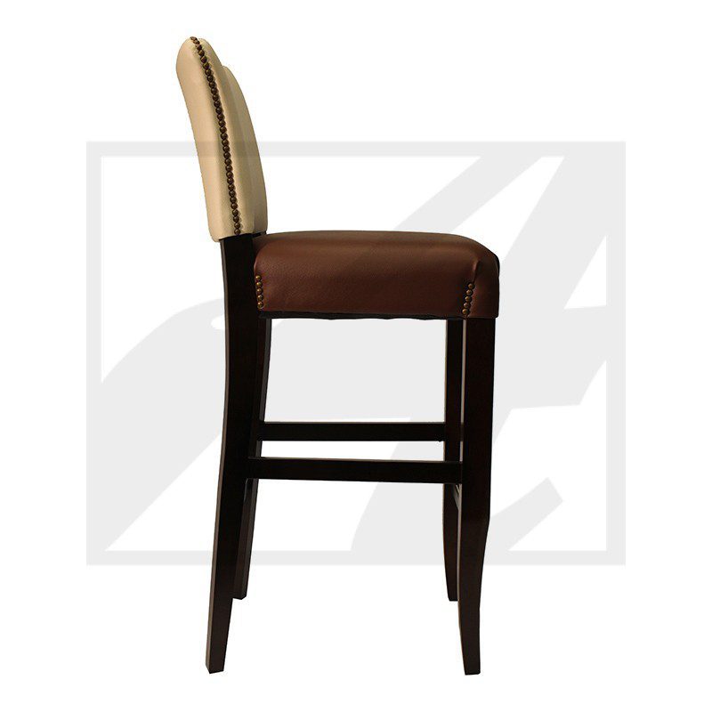 Brown bar stool with cushioned backrest and dark wooden legs.