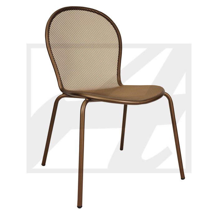 Modern brown metal-framed chair with a mesh seat and backrest.