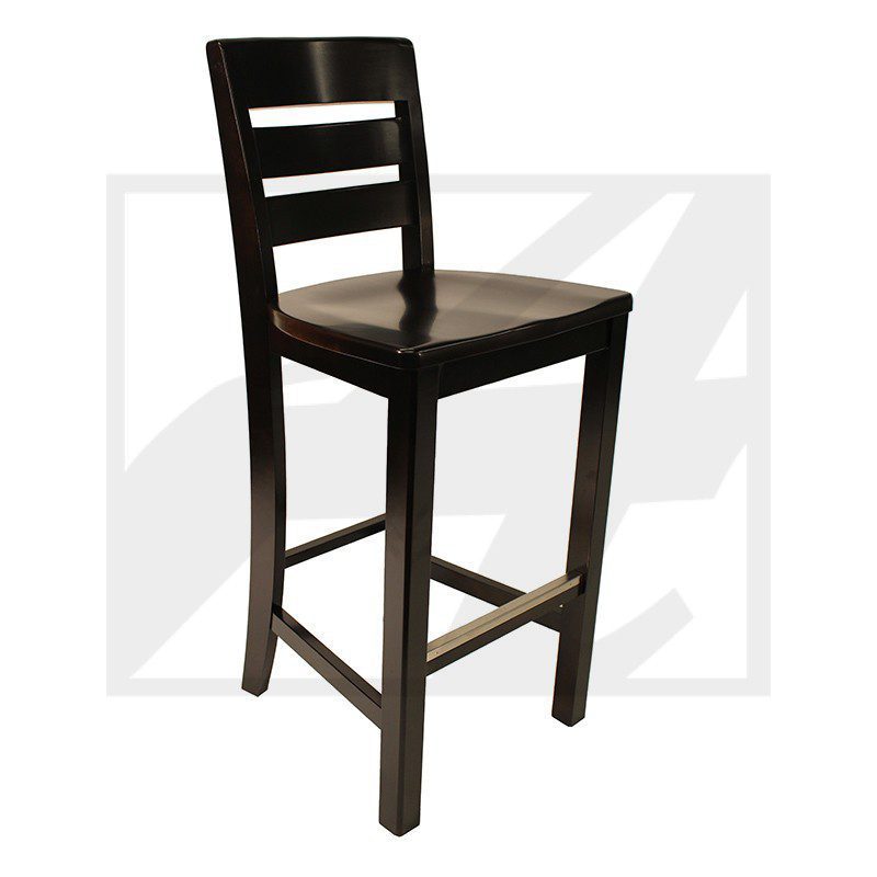 Tall wooden bar stool with a cushioned seat and ladder back design.