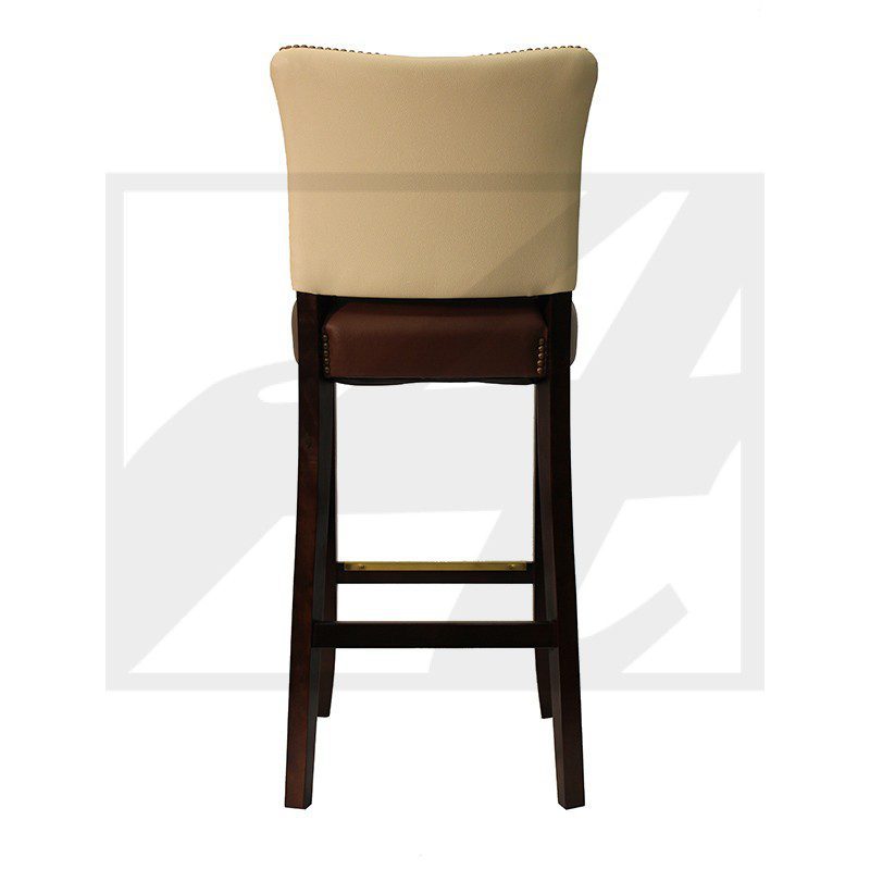 Beige cushioned bar stool with dark wooden legs and footrest.