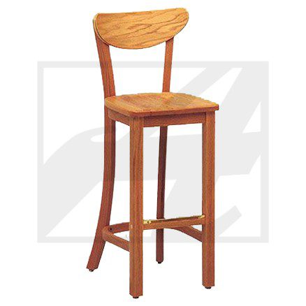 Wooden bar stool with a curved backrest and footrest.