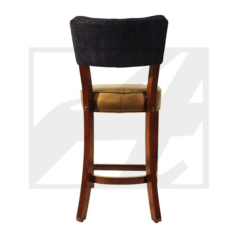 Wooden bar stool with black cushioned backrest and brown seat.