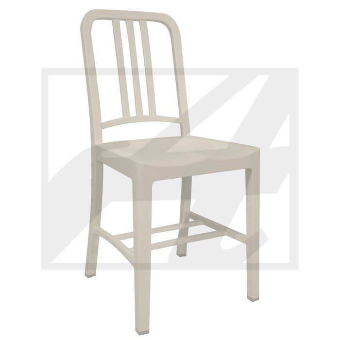 Simple beige wooden chair with vertical slats on backrest.
