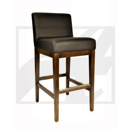 Upholstered bar stool with wooden legs and a supportive backrest.
