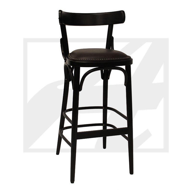 Black wooden bar stool with a cushioned seat and backrest.