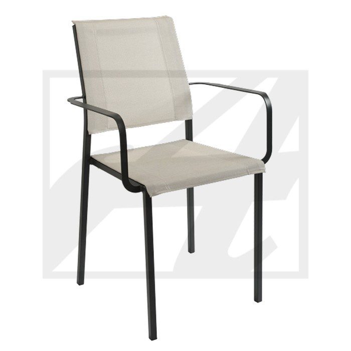 Modern beige chair with metal frame and armrests.