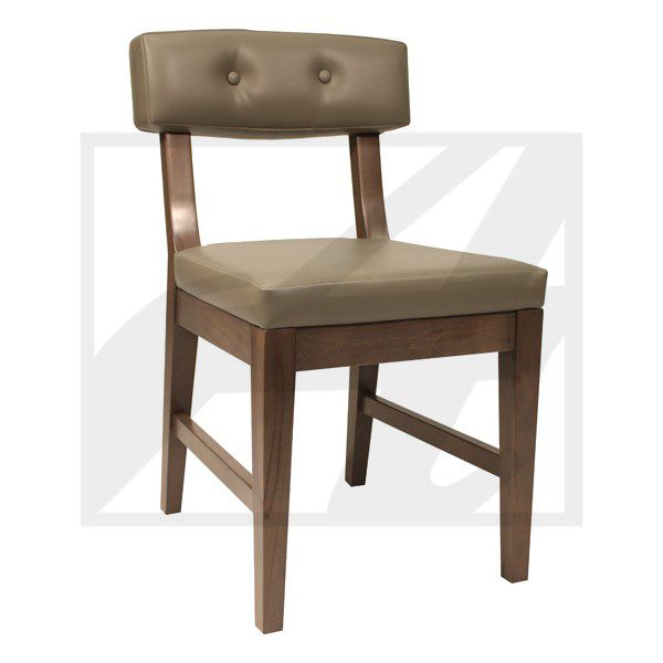Wooden chair with a cushioned backrest and seat in brown tones.