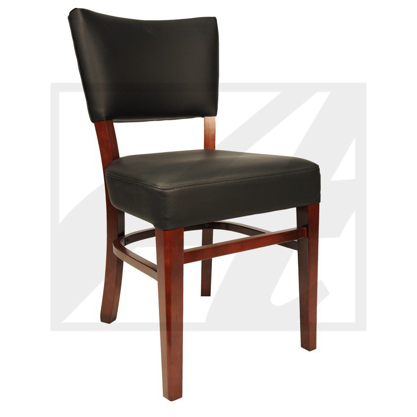 Wooden chair with black cushioned seat and backrest.