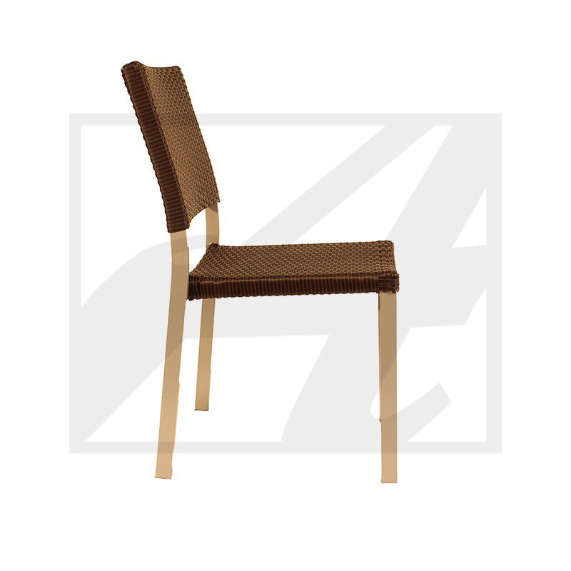 Side view of a brown cushioned dining chair with wooden legs.