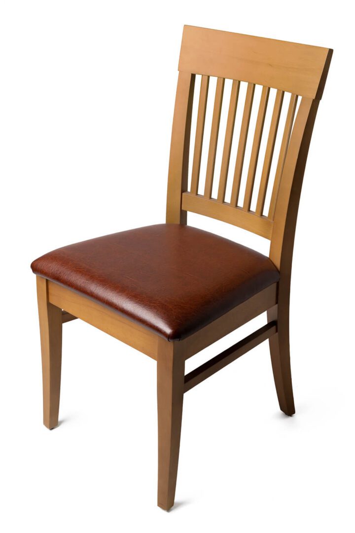 Wooden chair with a cushioned brown seat and slatted backrest.