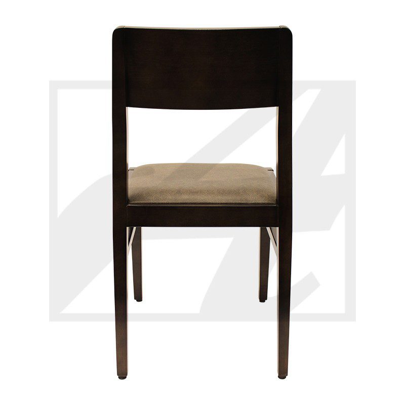 A simple wooden chair with a cushioned seat and dark finish.
