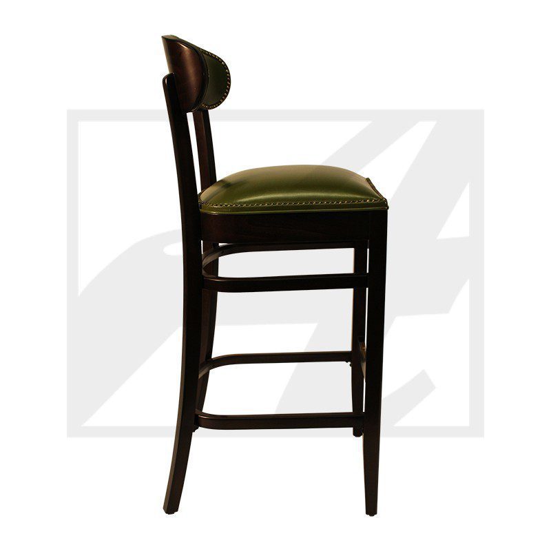 Side view of a wooden chair with a green cushion and a curved backrest.