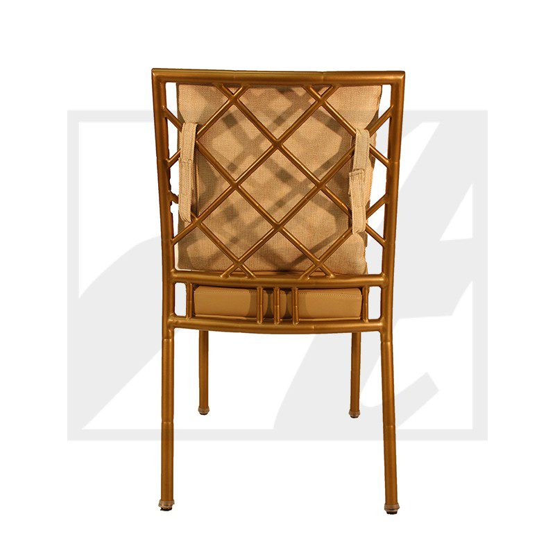 Back view of a wooden chair with a woven seat and backrest.