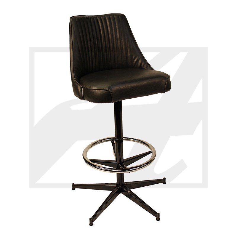 Black bar stool with cushioned seat and footrest.