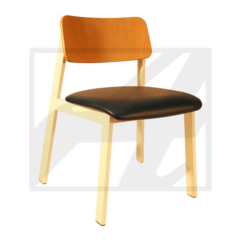 Modern wooden chair with a black cushioned seat and angled legs.