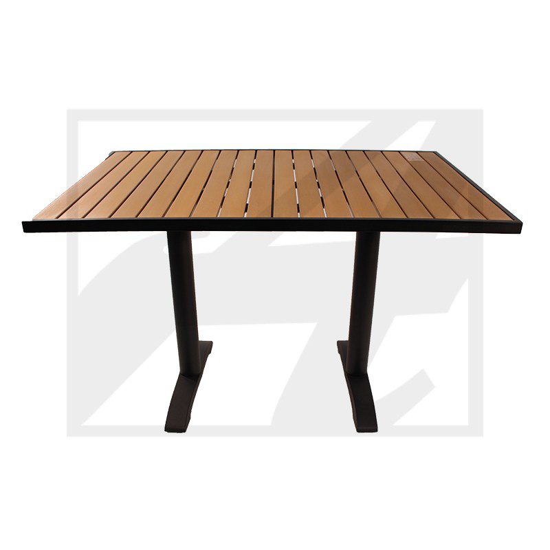 Modern wooden table with black metal legs.
