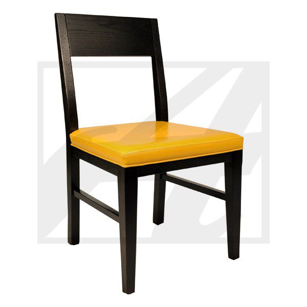 Modern wooden chair with a bright yellow cushion.