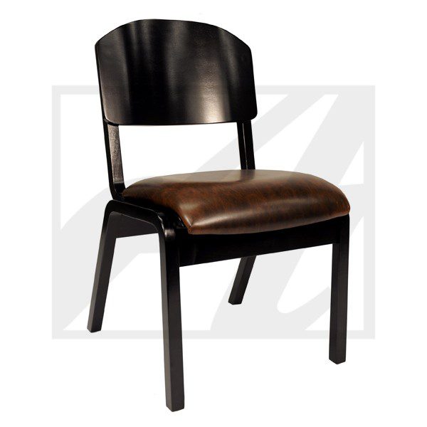 Modern black chair with a brown cushioned seat and curved backrest.