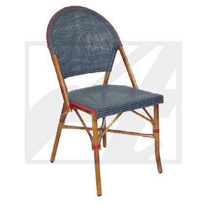 Wooden chair with blue fabric seat and backrest.