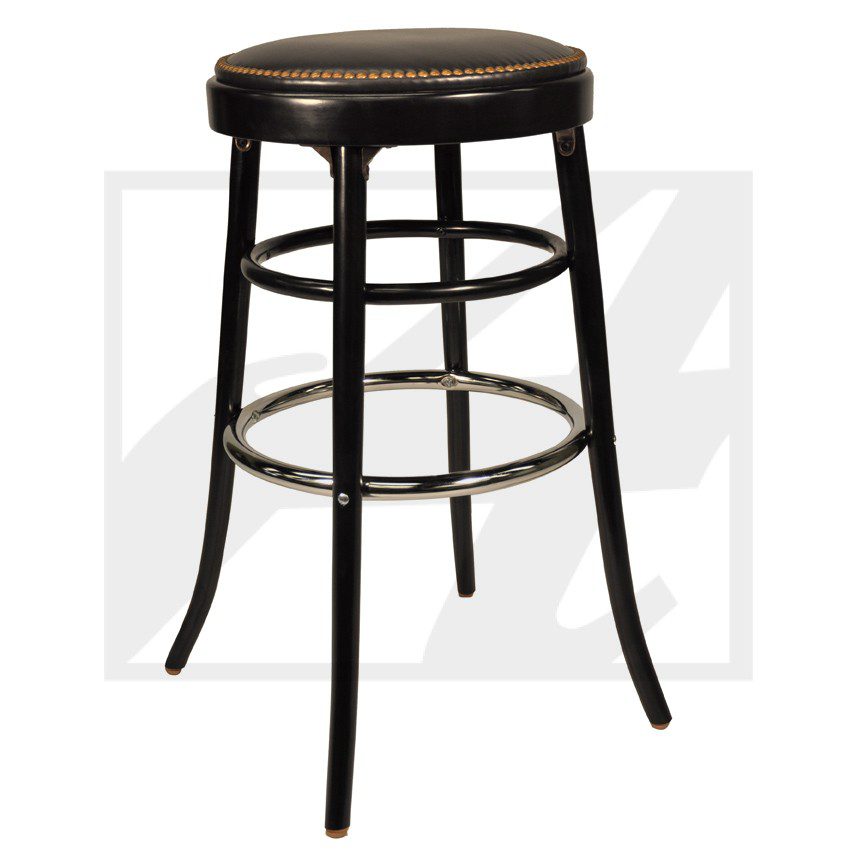 Black bar stool with a round padded seat and metal footrest.