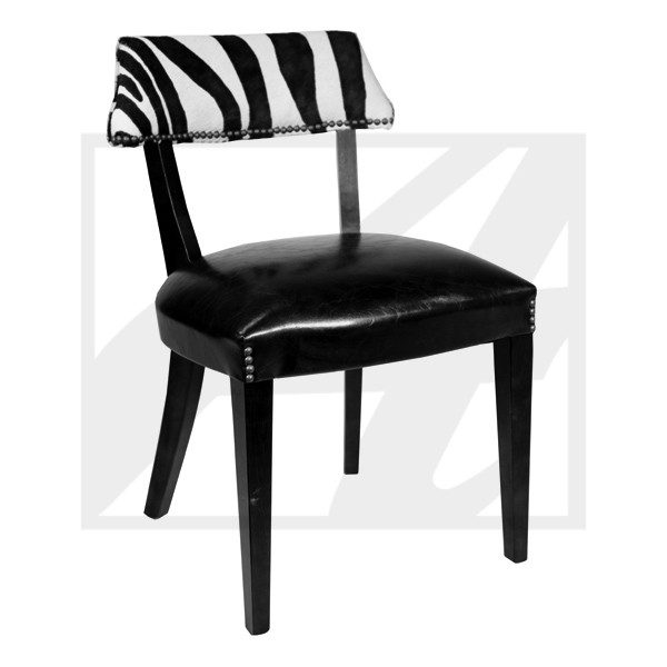 Black chair with zebra-patterned backrest and cushioned seat.