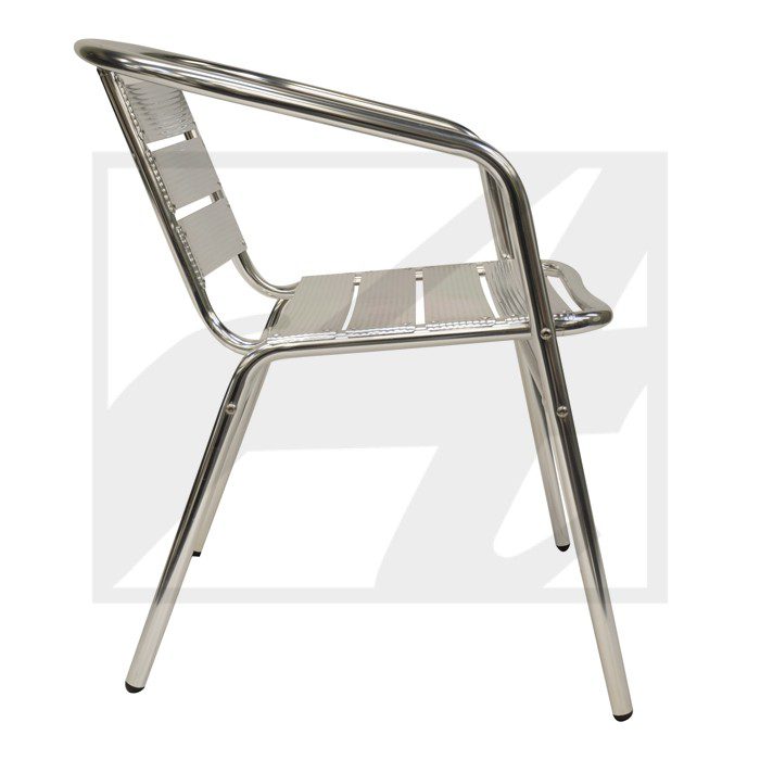 Modern metal chair with sleek design and armrests.