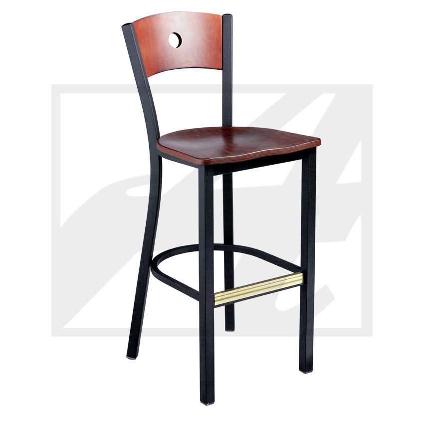 Tall bar stool with a wooden seat and backrest, black legs.