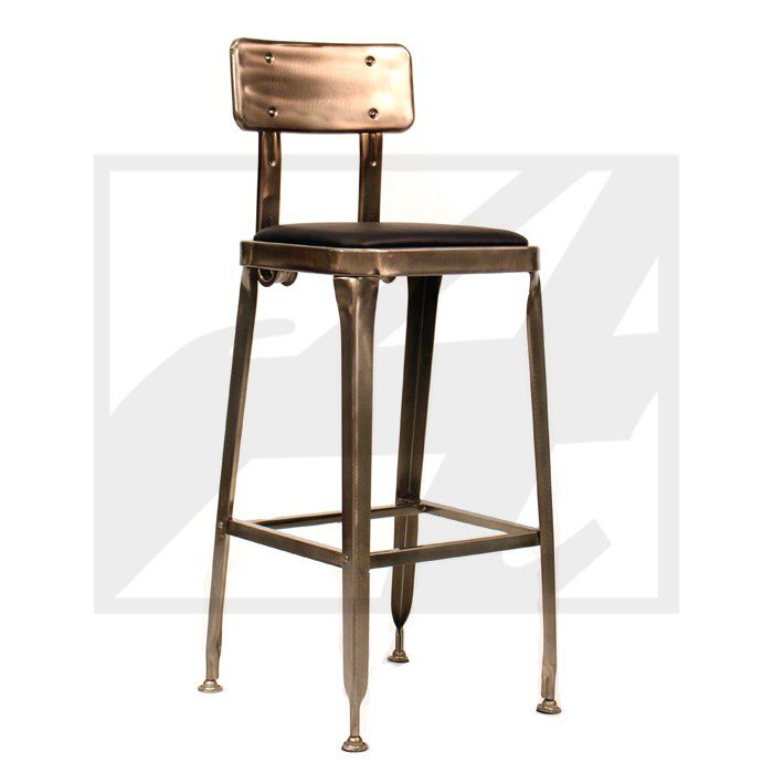Industrial-style metal bar stool with wooden seat and backrest.