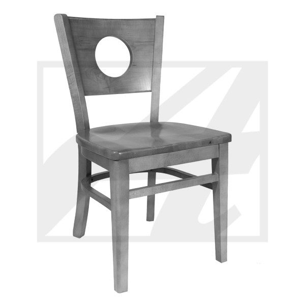 Wooden chair with a circular cutout in the backrest.