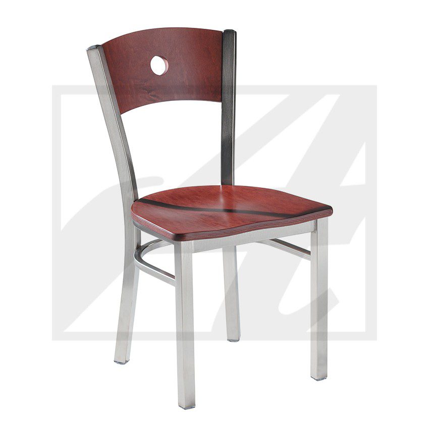 Metal-framed chair with wooden seat and backrest.