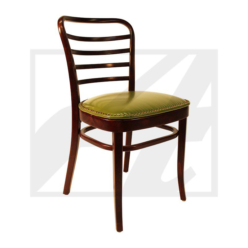 Classic wooden chair with a green cushioned seat and ladder back design.
