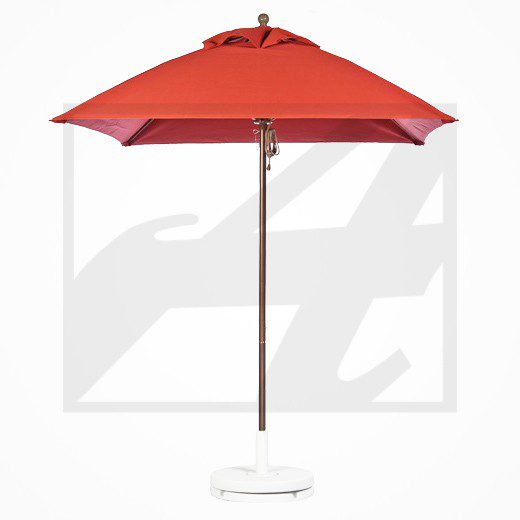 Red patio umbrella with wooden pole and white base.