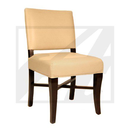Beige upholstered dining chair with dark wooden legs.