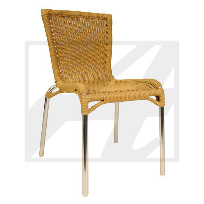 A woven rattan chair with metal legs.