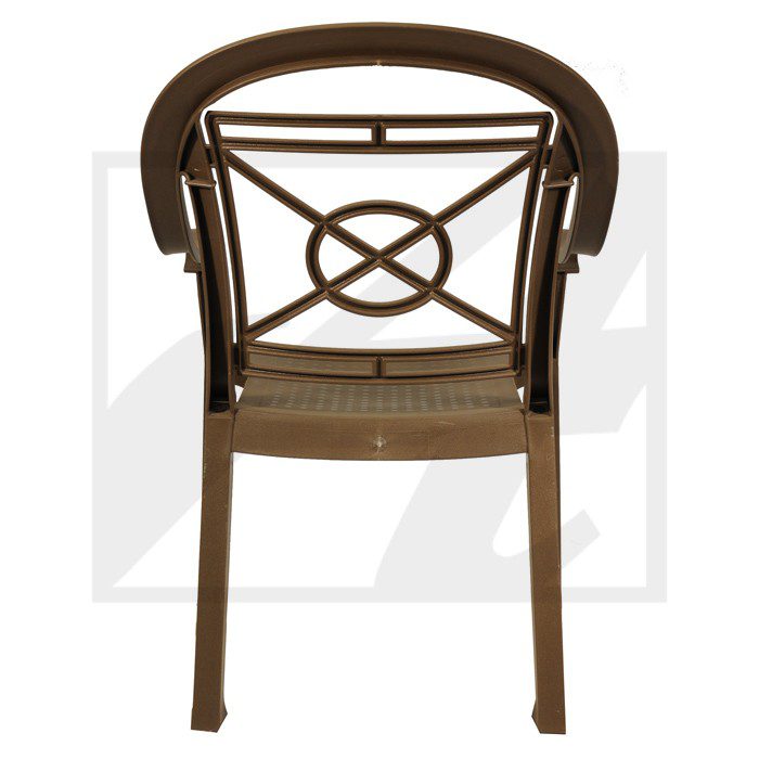 Brown wooden chair with cross-back design and cushioned seat.