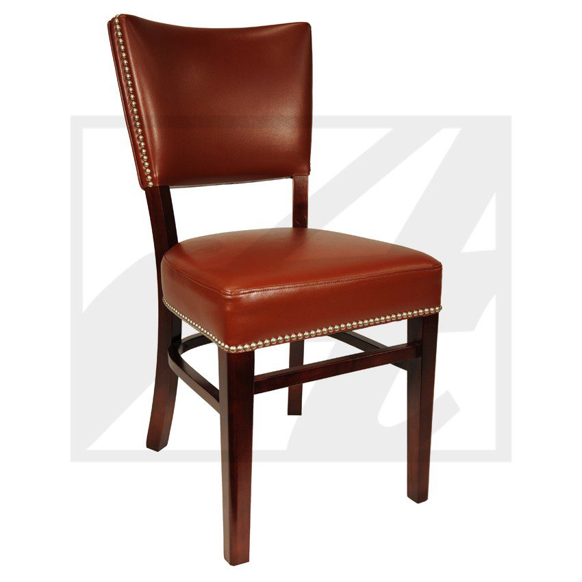 Classic wooden chair with brown leather upholstery.