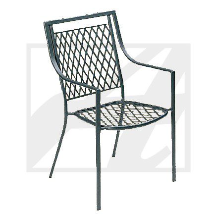 Metal outdoor chair with lattice design and armrests.