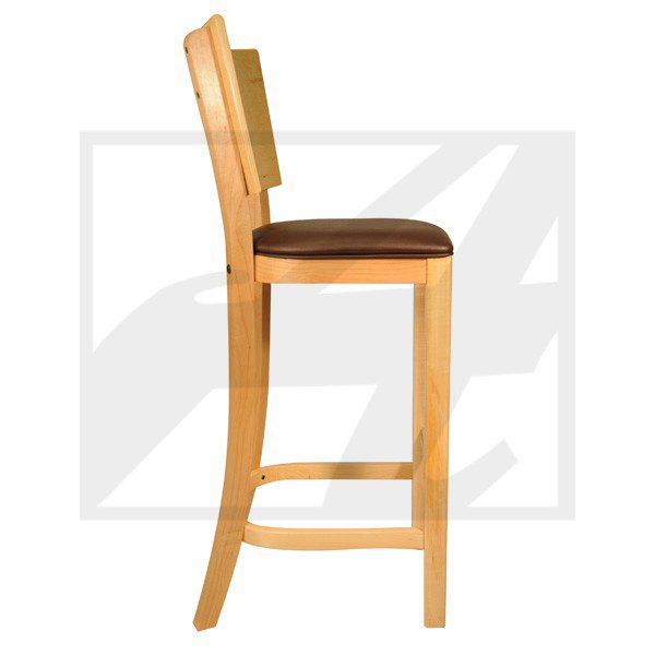 Wooden bar stool with a cushioned seat and backrest.