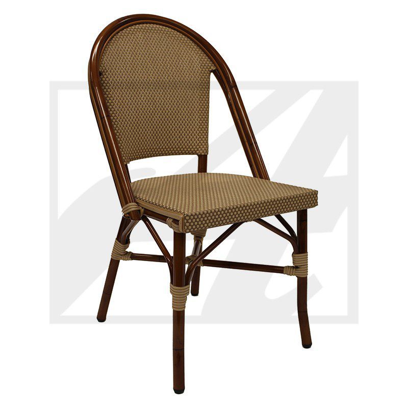 Brown wicker chair with a curved backrest and cushioned seat.
