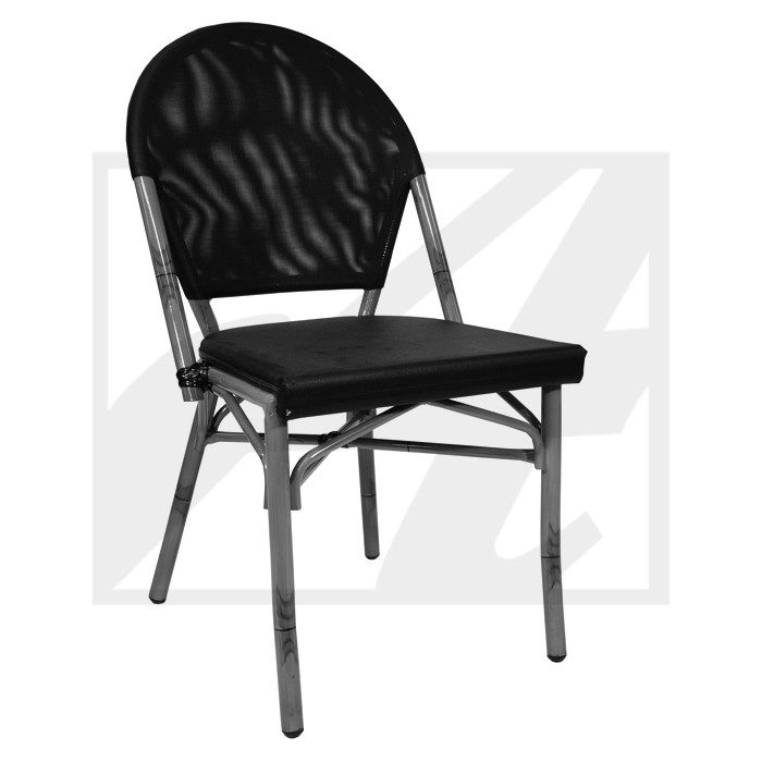 Black woven rattan chair with metal frame and armrests.