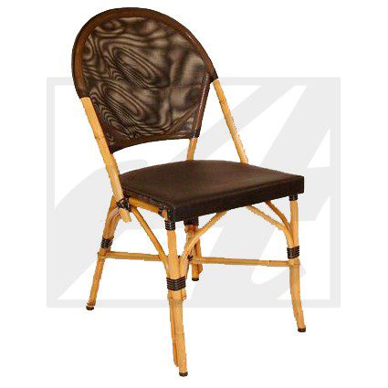 Elegant bamboo chair with a patterned backrest and dark cushioned seat.