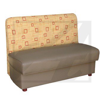 Modern beige sofa with patterned backrest and smooth seat.