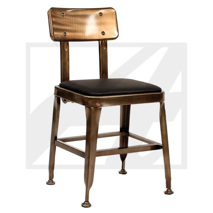 Rustic wooden chair with metal legs and a cushioned seat.